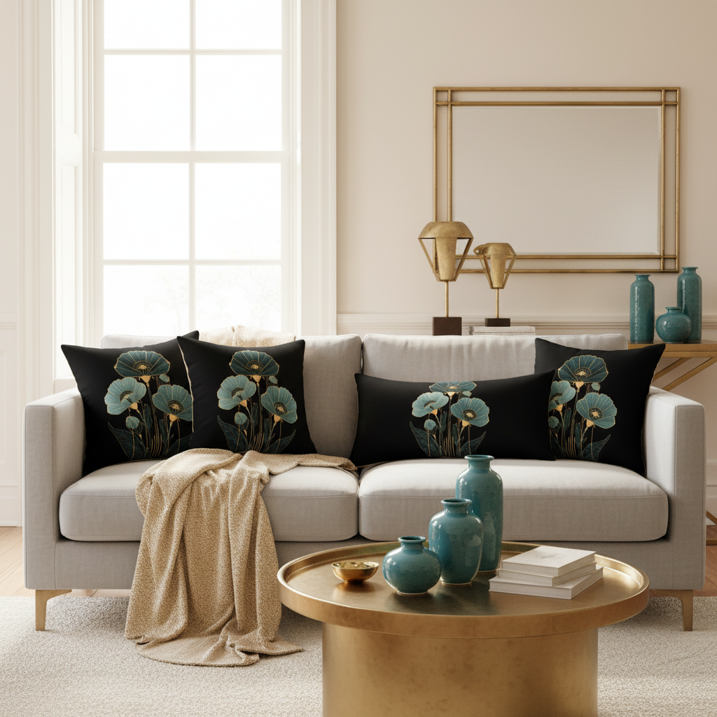 Beautiful living room with gray sofa and black teal gold botanical decorative pillows