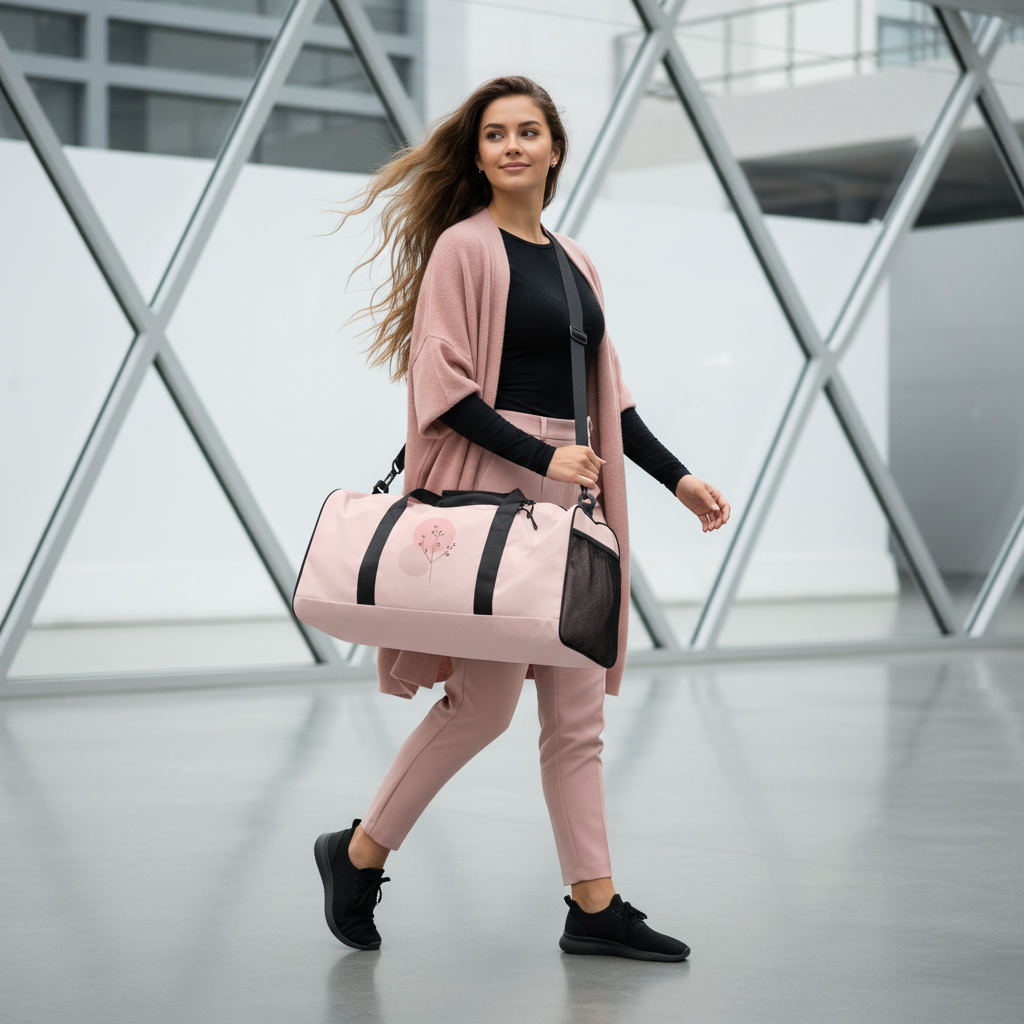 Beautiful long-haired woman in blush pink athleisure outfit with botanical pattern duffle bag