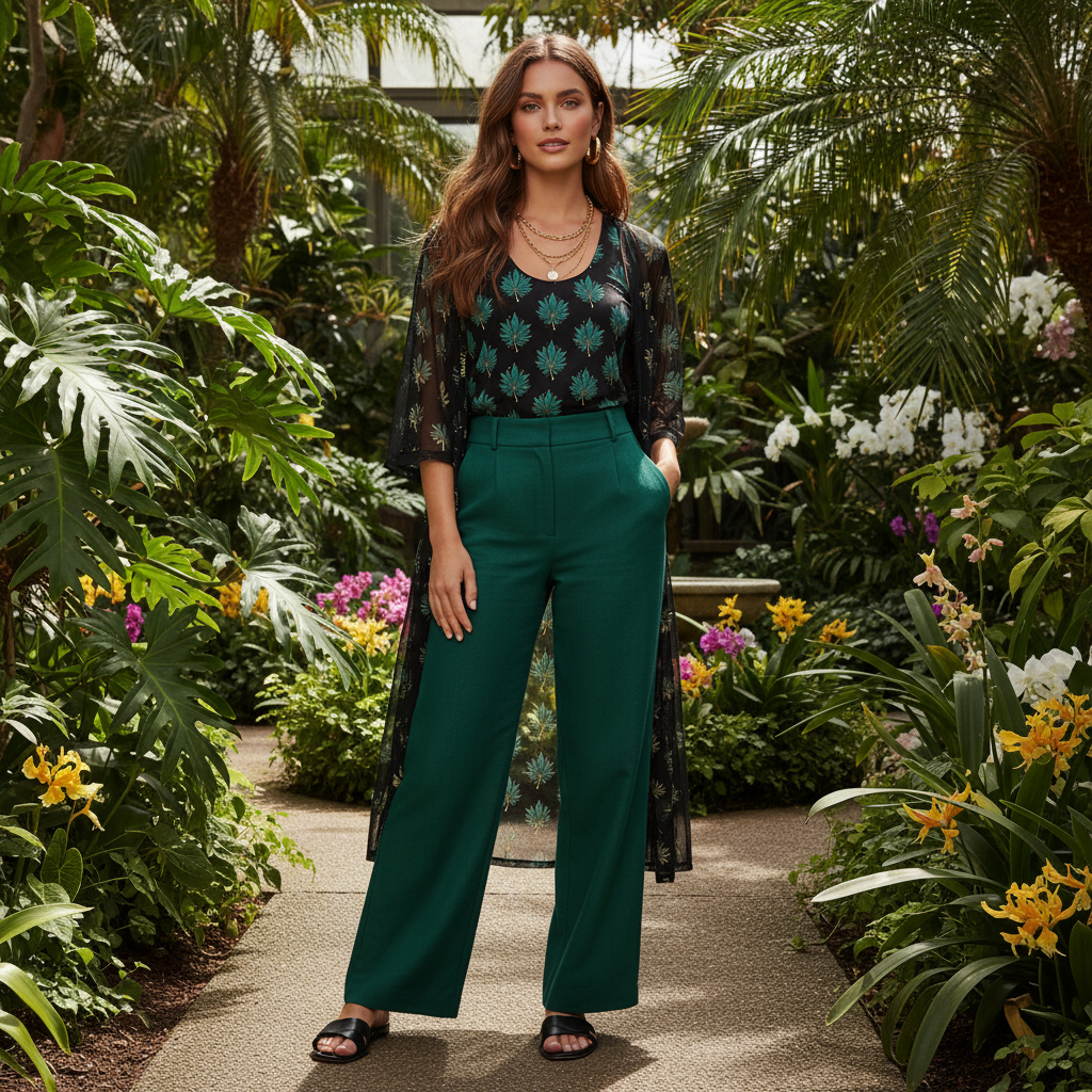 Beautiful long-haired woman in botanical garden wearing green leaf tank top