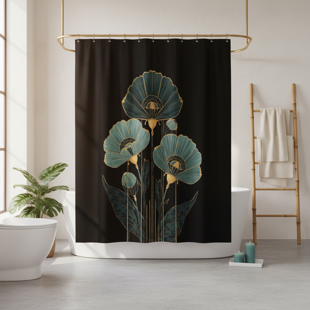 Beautiful modern bathroom with black teal and gold botanical shower curtain and natural light