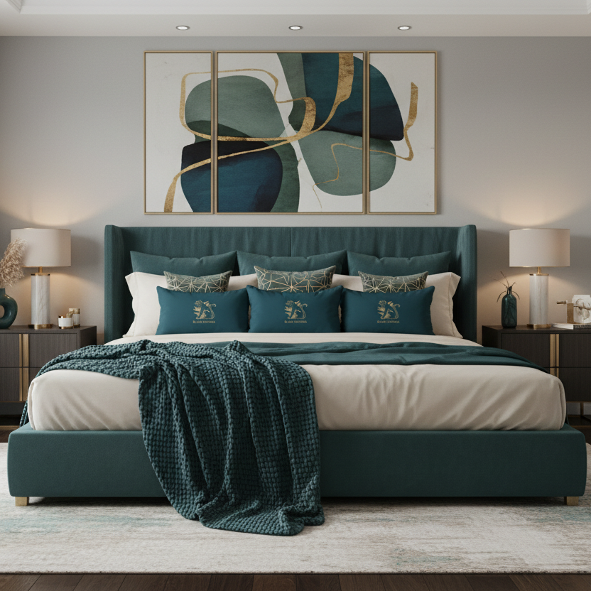 Beautiful modern bedroom with teal Black Panther pillows and coordinating teal decor