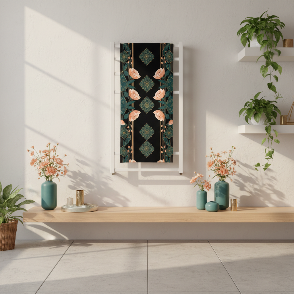 Beautiful spa wellness room with black peach teal gold floral beach towel on white rack