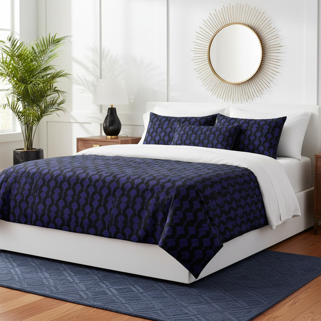 Beautiful sunny bedroom with Art Deco pillows and comforter in deep blue and black, white walls, wood floors