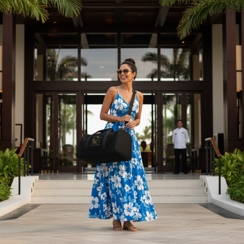 Beautiful woman arriving at tropical resort with black Black Panther duffle bag