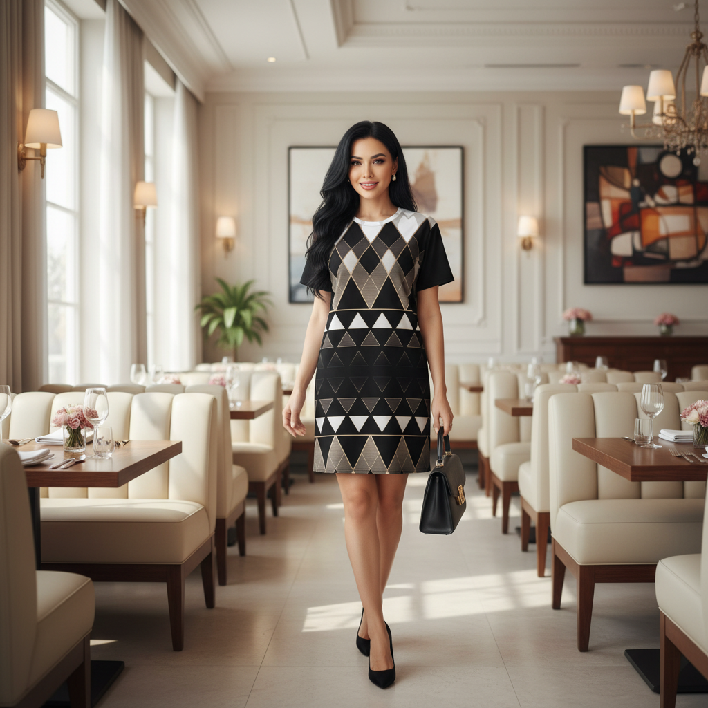 Beautiful woman in black white geometric t-shirt dress in bright restaurant