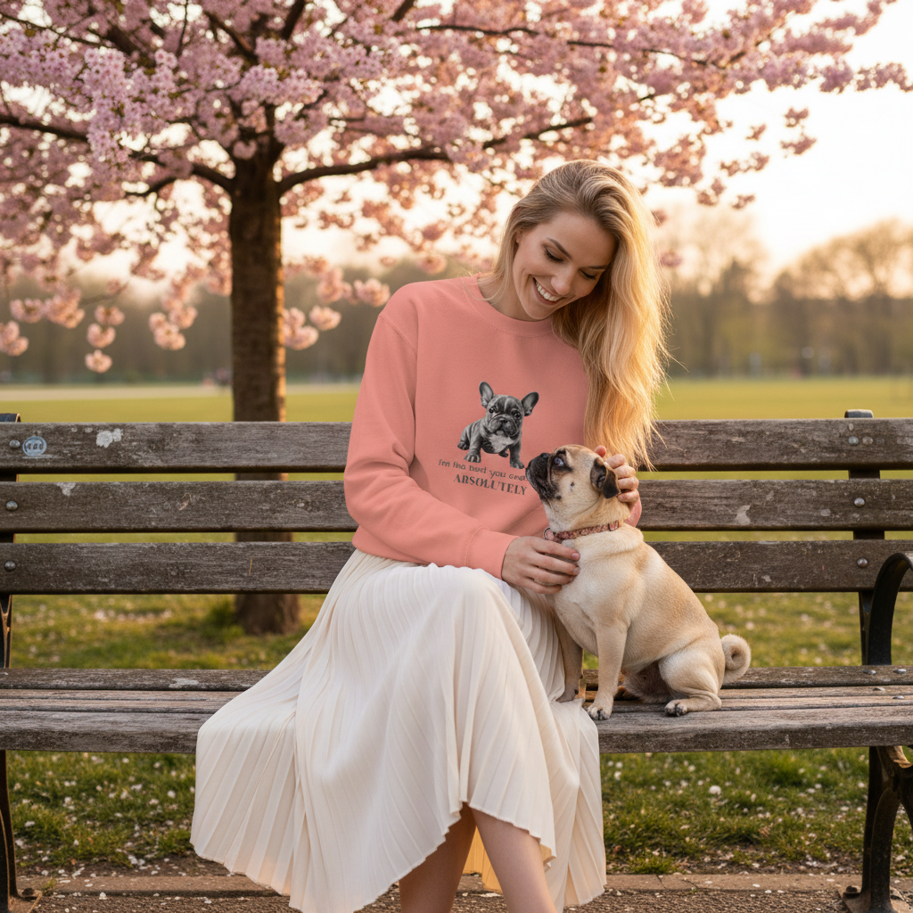 Beautiful woman in dusty rose sweatshirt sitting with pug on park bench