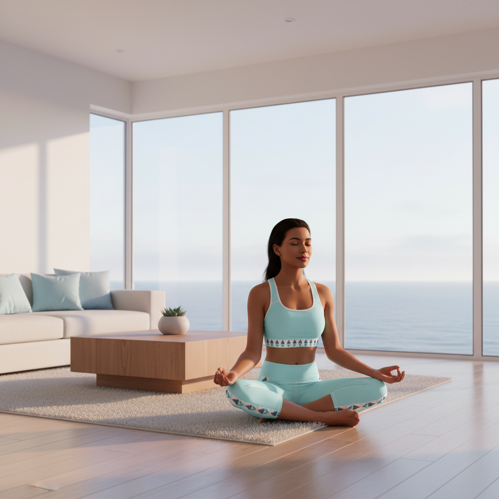 Beautiful woman in light blue geometric activewear meditating in stunning coastal living room with ocean horizon view