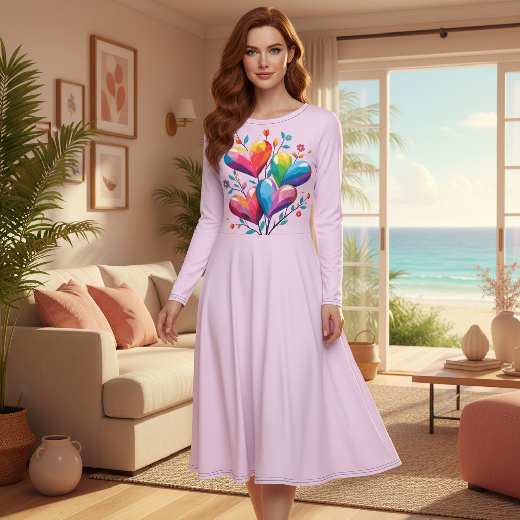 Beautiful woman in pink hearts midi dress in cozy warm coastal living room