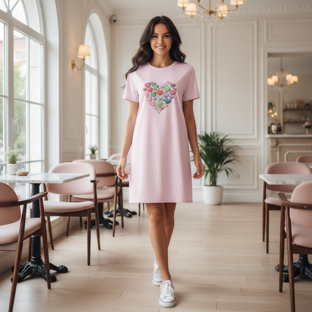Beautiful woman in pink t-shirt dress with hearts in bright cafe