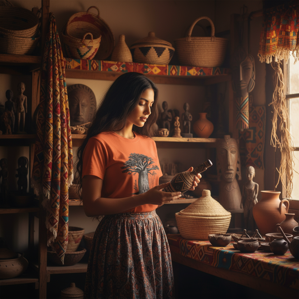 Beautiful woman wearing terracotta baobab t-shirt in African cultural center