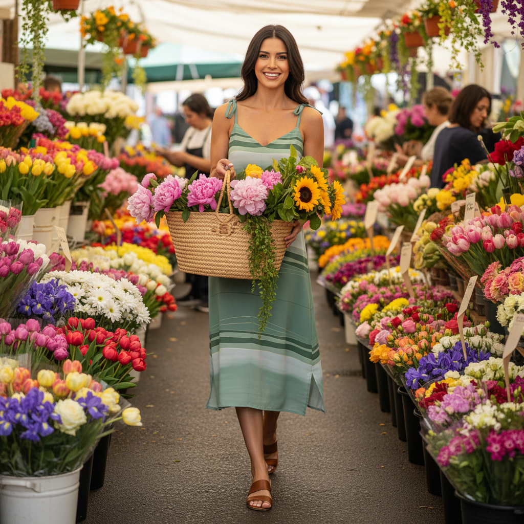 Beautiful woman with long dark hair in mint stripe midi dress farmers market flowers basket