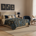 Beige bedroom with Art Deco comforter and navy blue decor accents