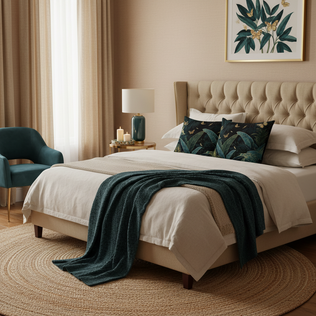 Beige bedroom with dark teal and gold accents and botanical pillows