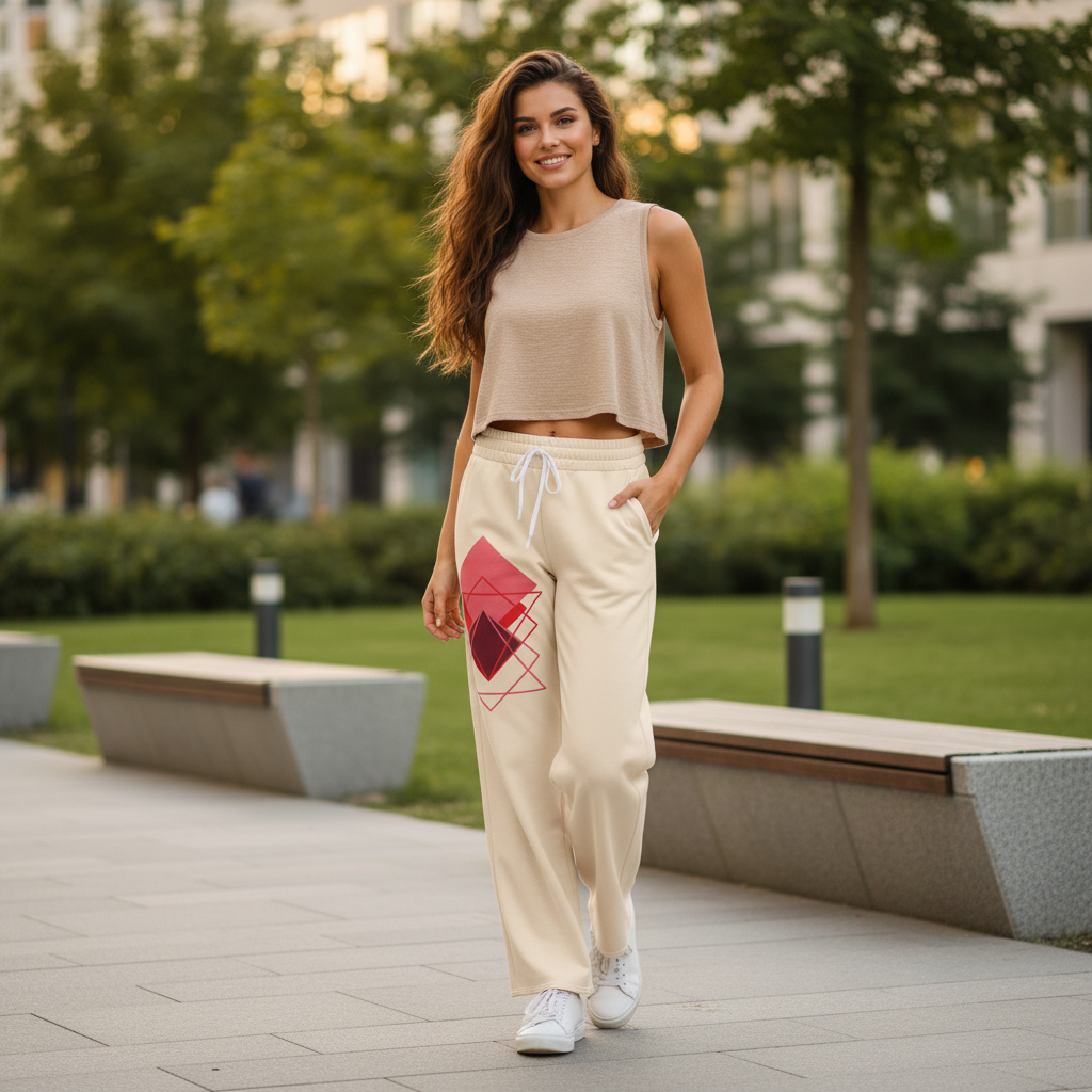 Beige wide-leg joggers with diamond motif paired with neutral top in natural outdoor environment