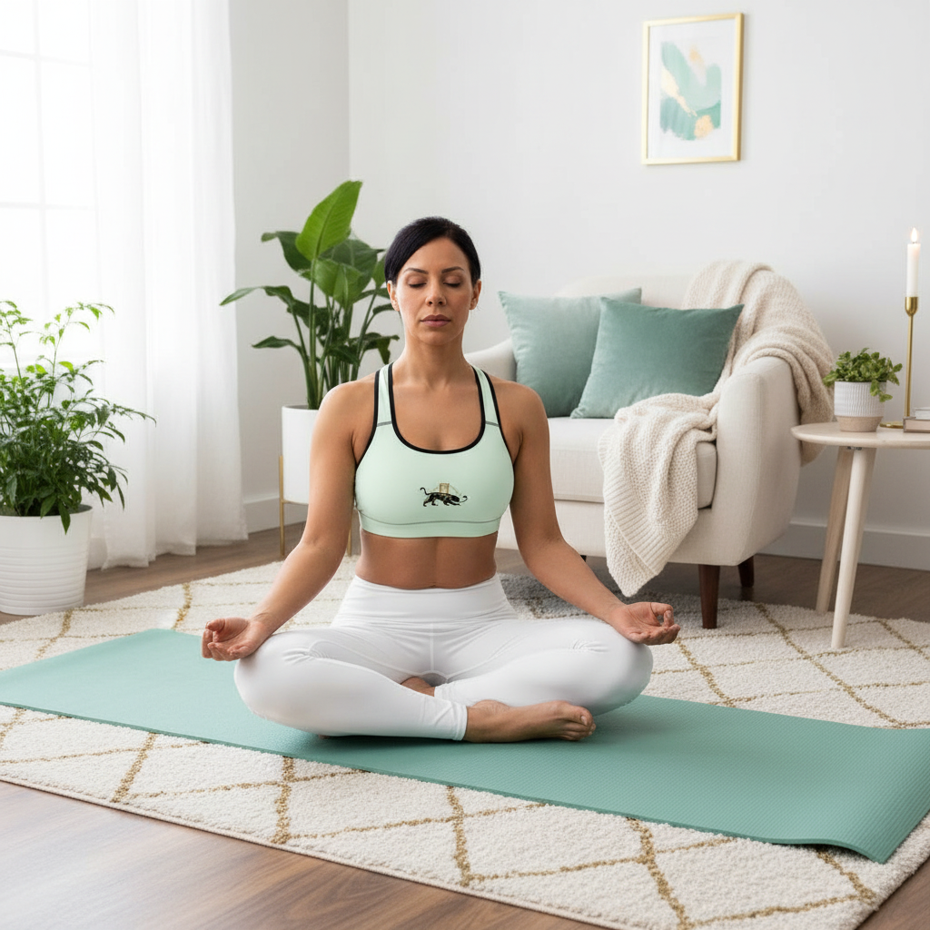 Big Cat Sports Bra with White Leggings - Serene Cozy Interior