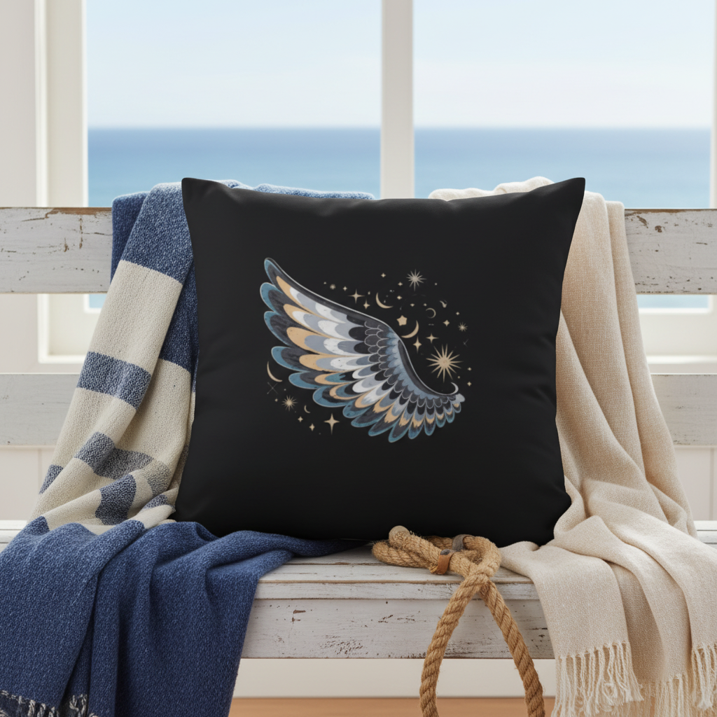 Black accent pillow with wing design on weathered white bench