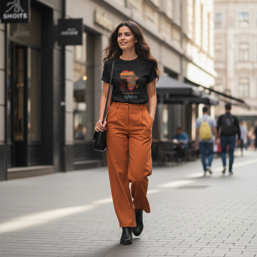 Black Africa t-shirt orange trousers black boots chic