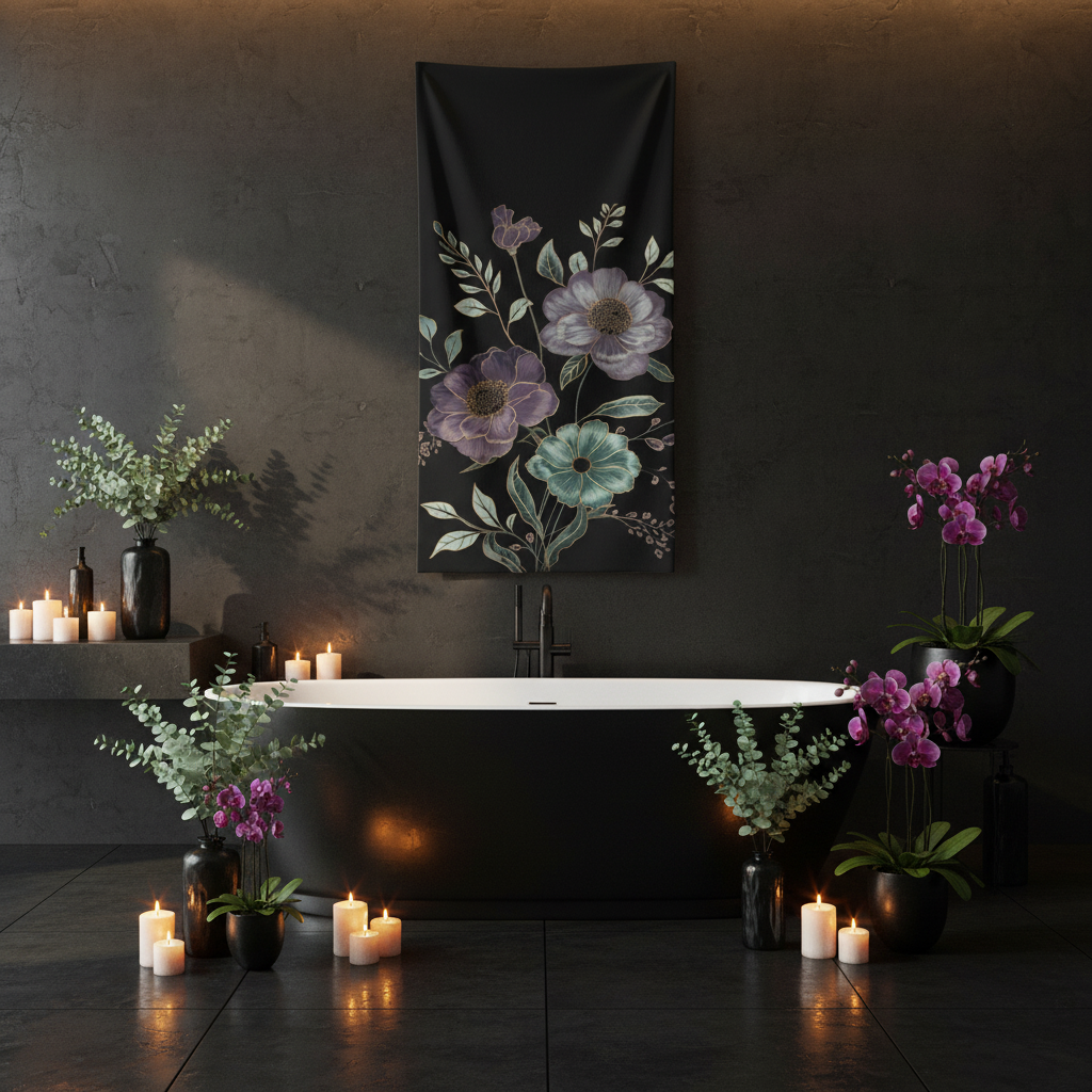 Black floral beach towel displayed vertically in black bathroom showcasing full pattern, elegant black tub, purple orchids, sage eucalyptus