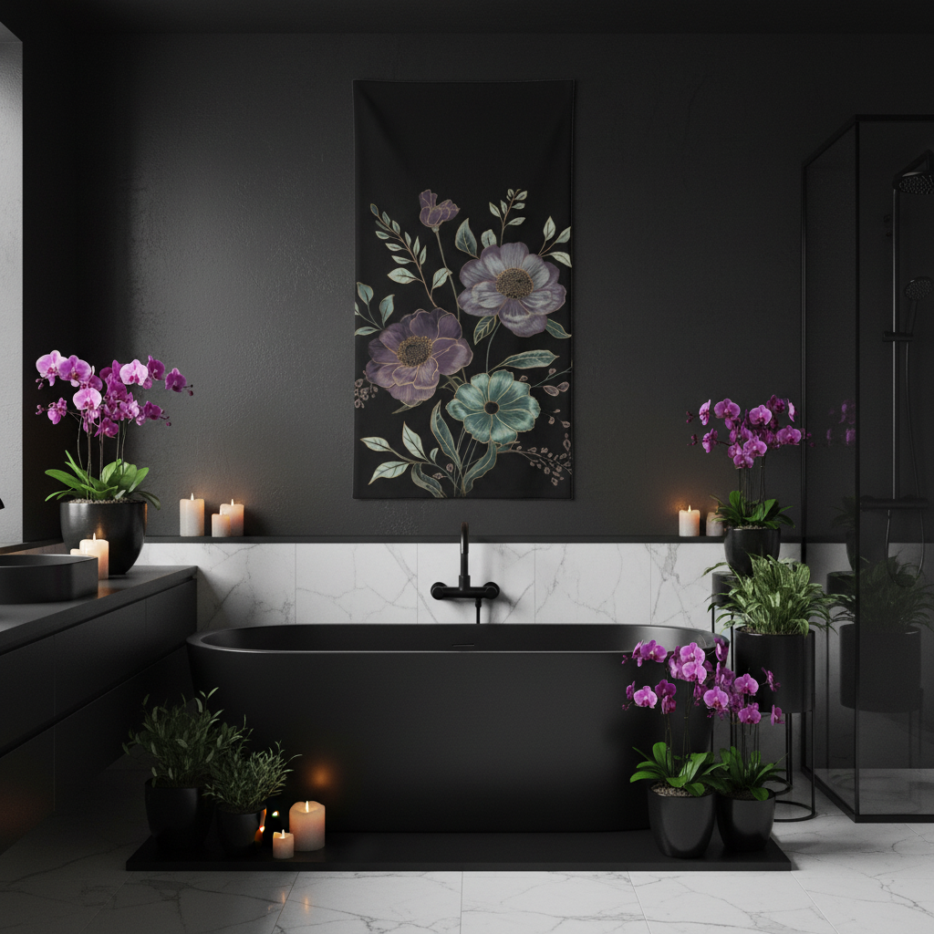 Black floral beach towel hanging vertically displaying full botanical pattern, modern black freestanding tub, purple flowers, sage plants