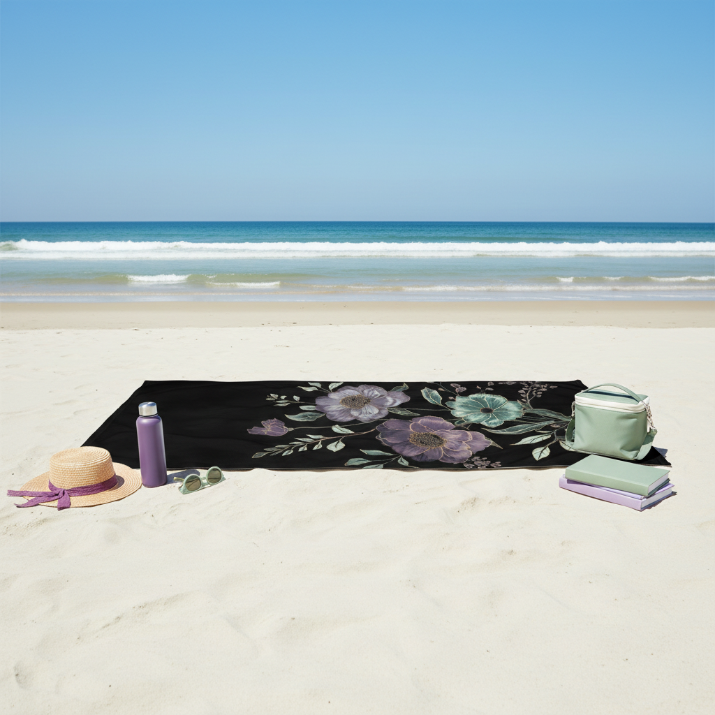 Black floral beach towel laid on white sand showing complete botanical pattern, turquoise ocean waves, coastal atmosphere