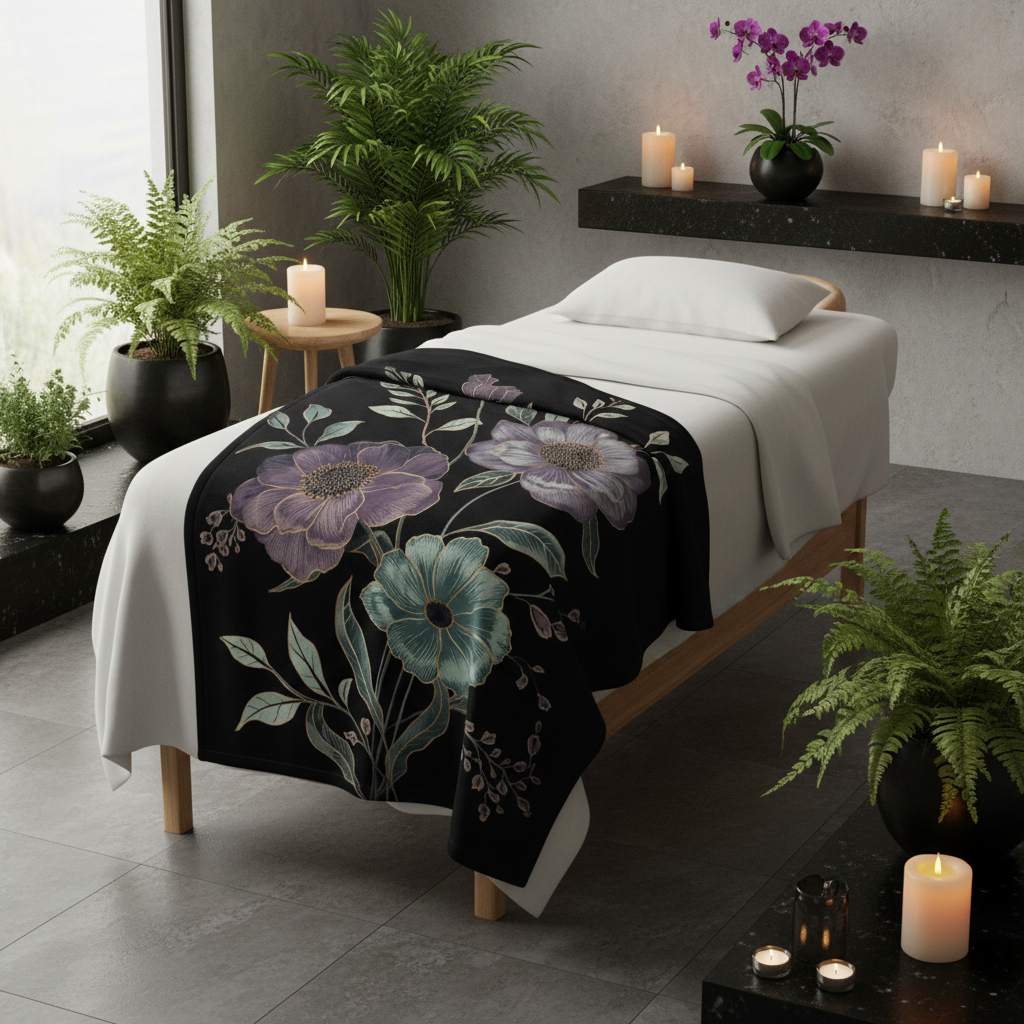Black floral towel draped in luxury spa treatment room with purple orchids, sage plants, warm candles, serene atmosphere