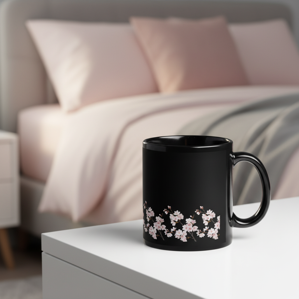 Black glossy mug with cherry blossoms close-up