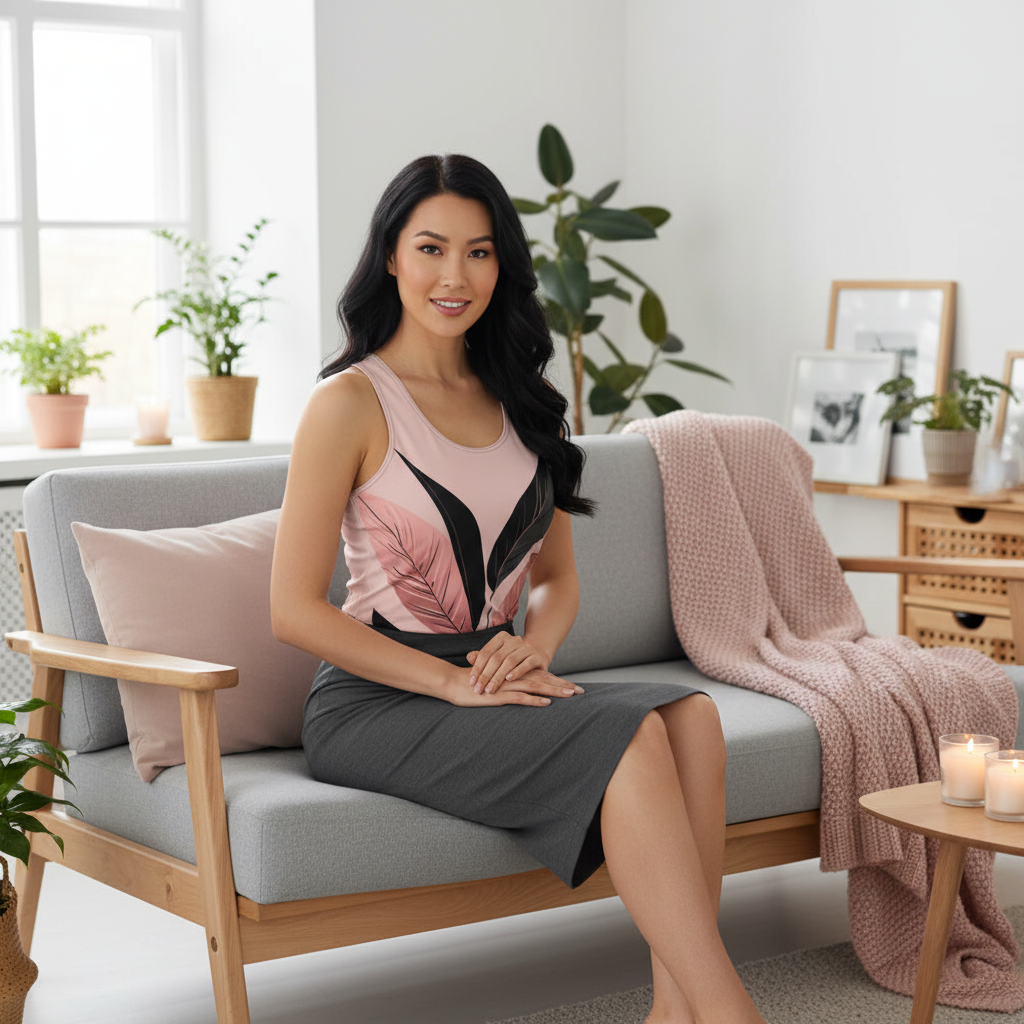 Black-haired woman sitting on sofa wearing pink botanical tank top and gray pencil skirt in elegant Scandinavian interior