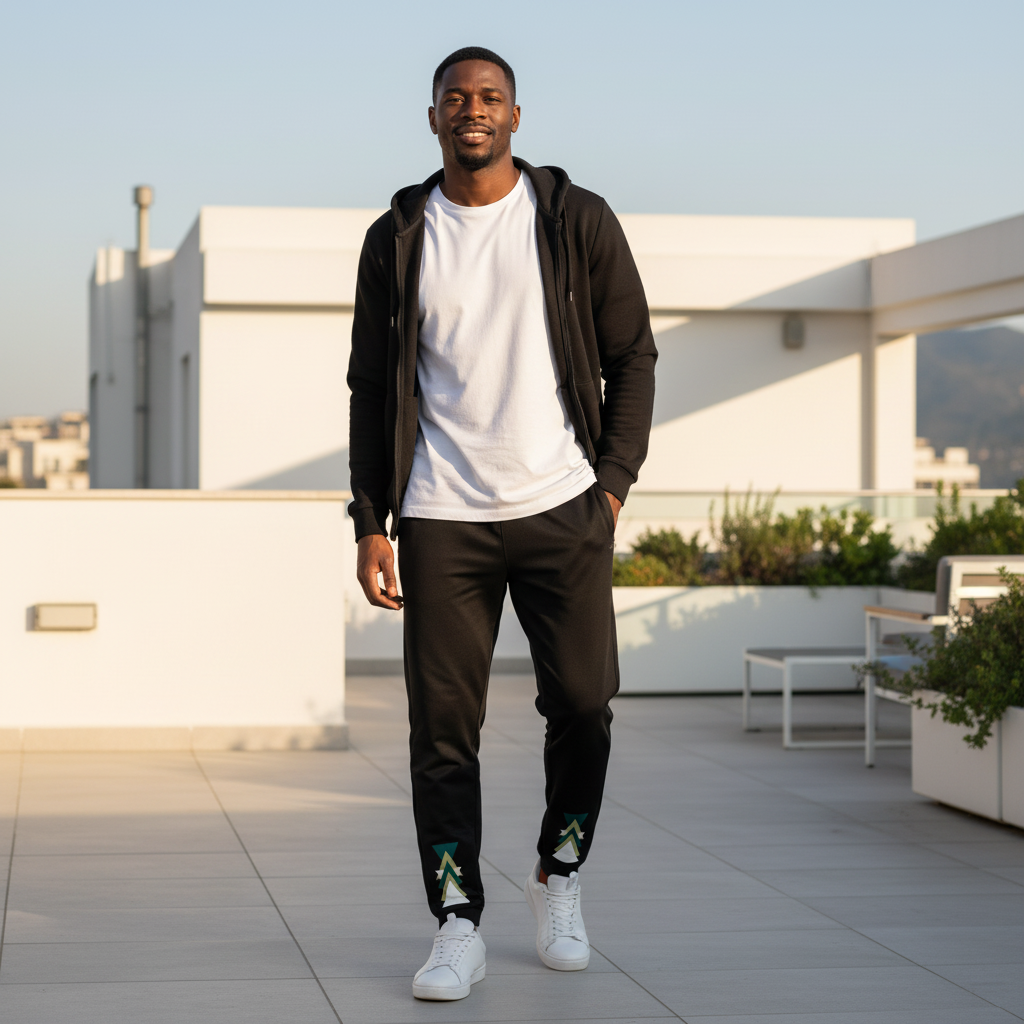 Black man in black track pants with teal triangle detail, white tee and open hoodie on modern urban terrace