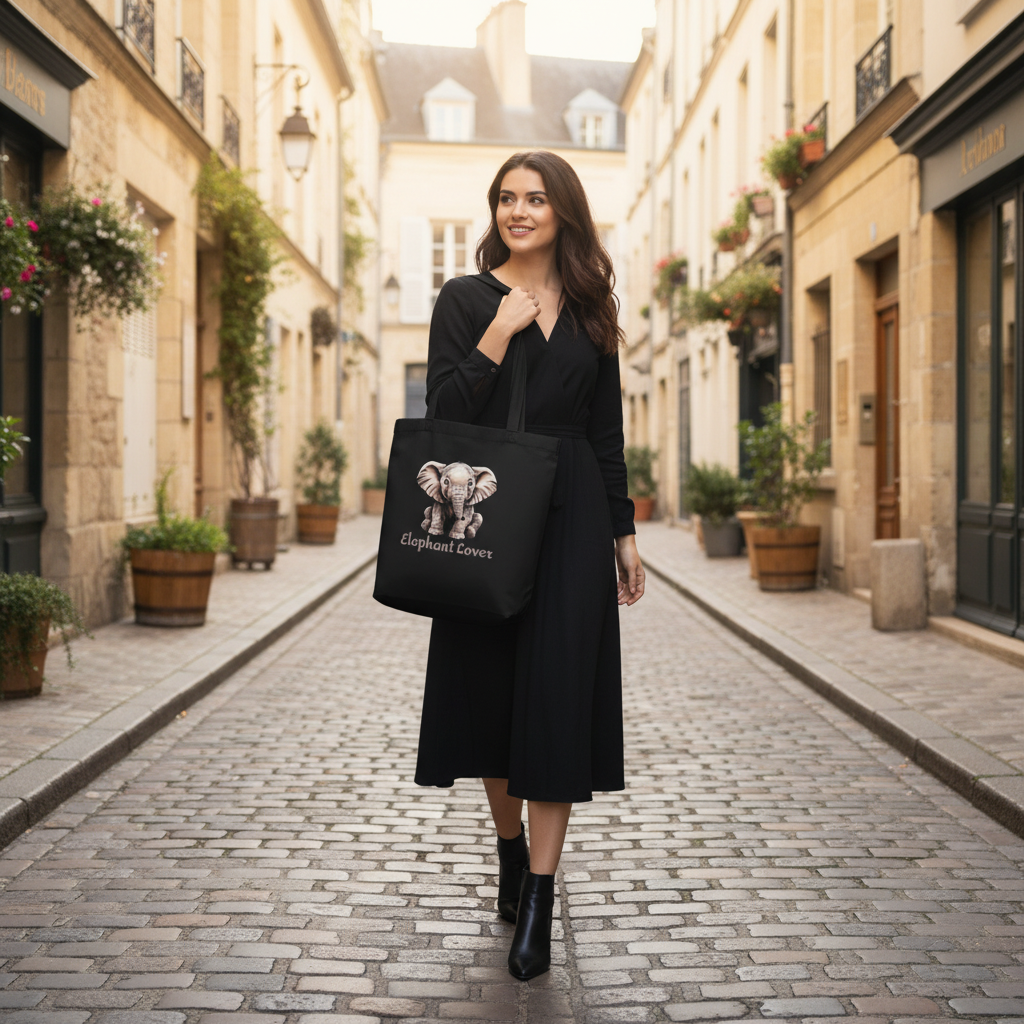 Black midi dress black boots black tote bag elephant French town stone buildings chic Parisian