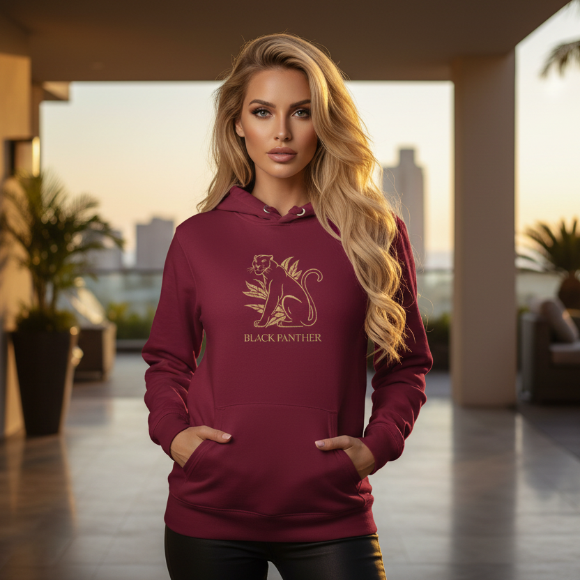 Radiant model in maroon Black Panther premium hoodie with gold tropical design exuding strength and elegance