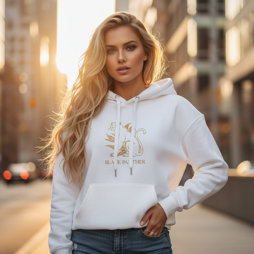 Blonde woman in white Black Panther premium hoodie with gold design radiating confidence in New York urban setting