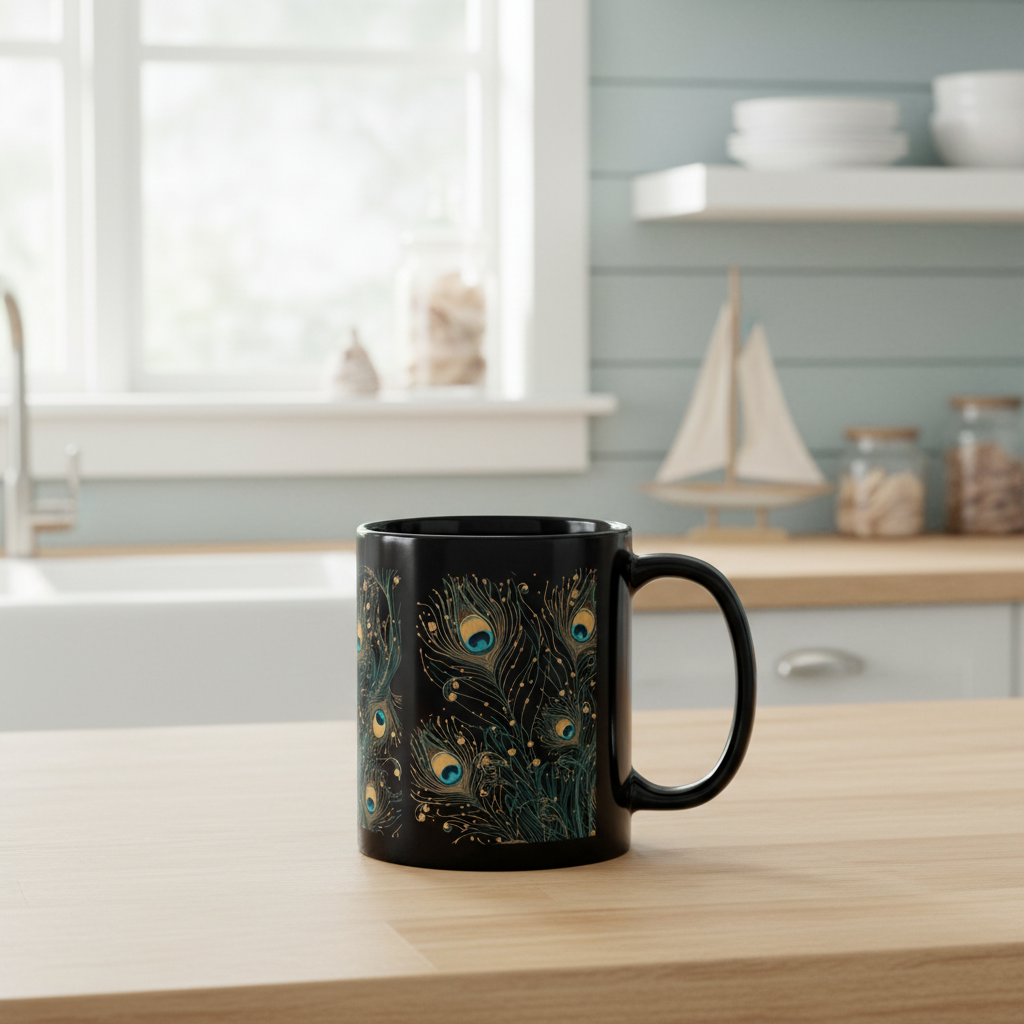 Black peacock feather mug in coastal living kitchen