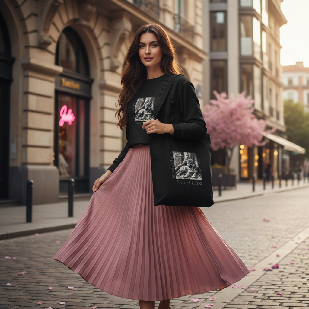 Black wolf sweatshirt dusty rose pink midi skirt wolf tote bag luxurious
