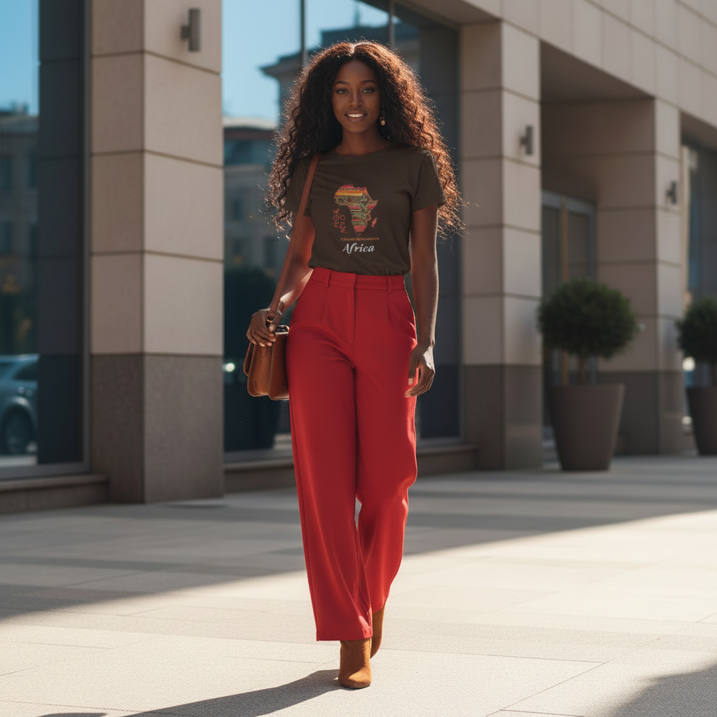 Black woman dark chocolate Africa t-shirt red pants brown boots bohemian