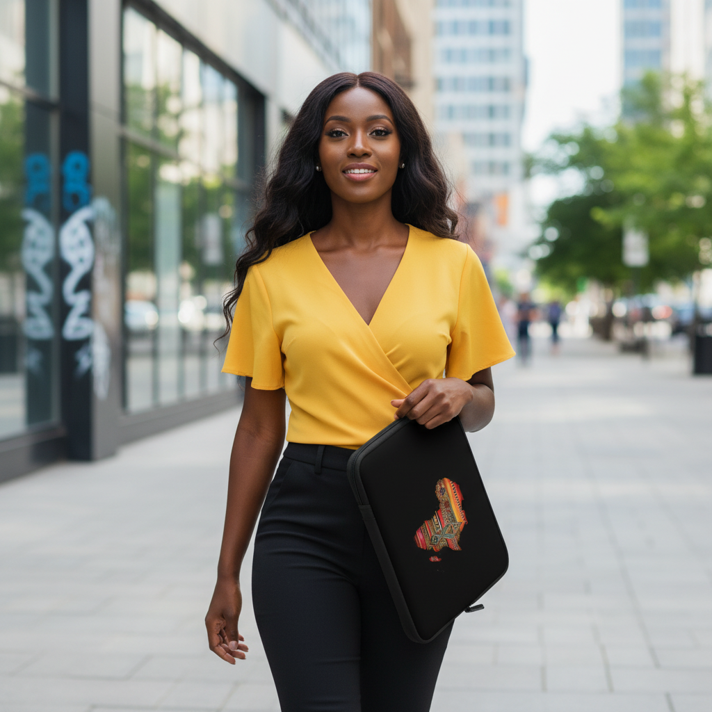 Black woman yellow top Africa laptop sleeve city street vibrant