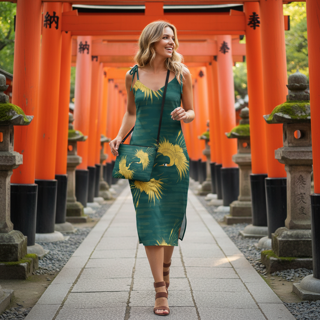 Blonde traveler in teal crane dress exploring Japanese temple with crossbody bag