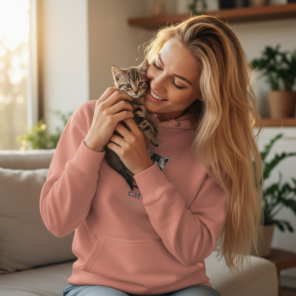 Blonde woman in dusty rose cat king hoodie with kitten