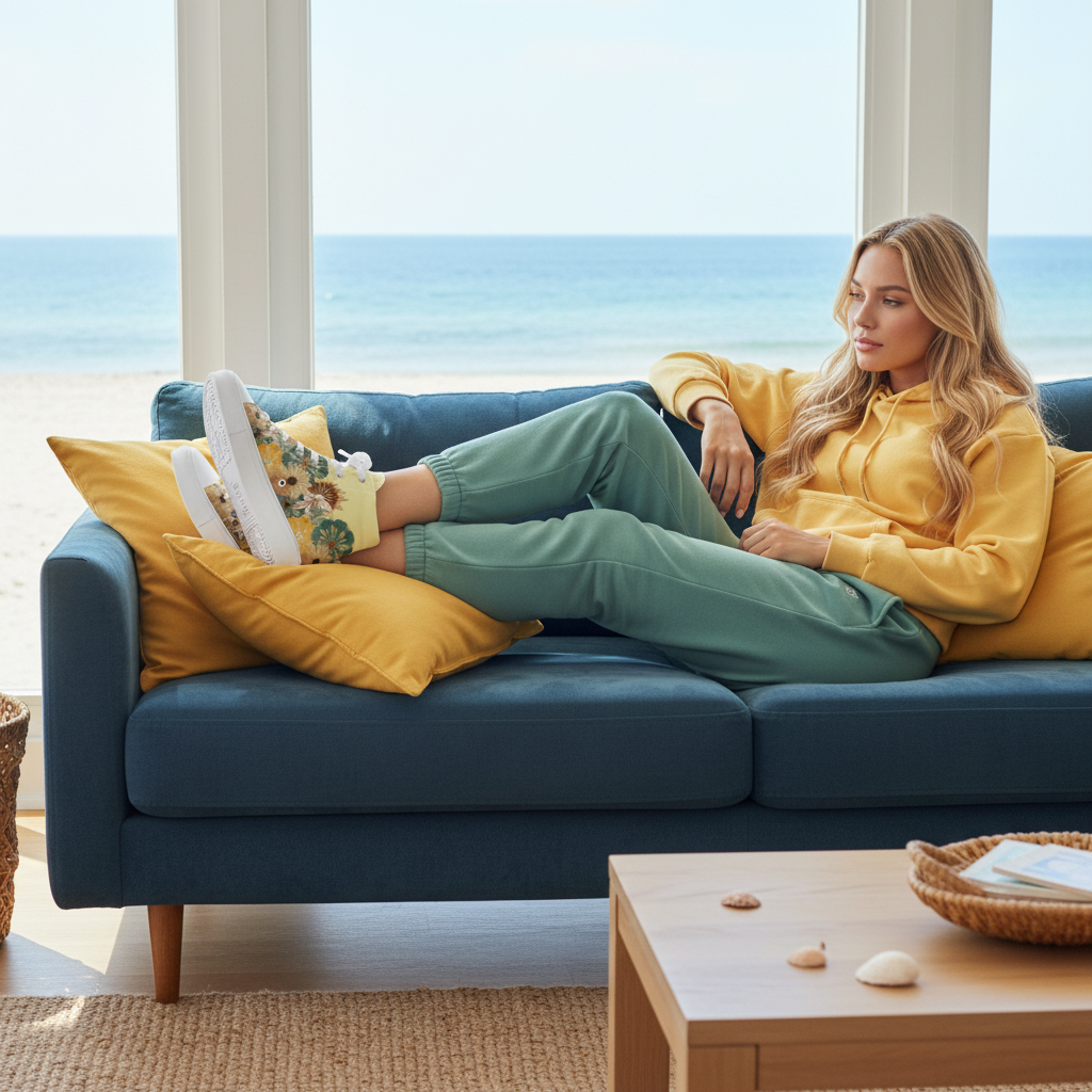 Blonde woman in floral sneakers with teal joggers and yellow hoodie