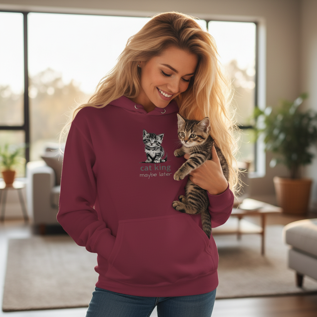 Blonde woman in maroon cat king hoodie with visible design holding kitten
