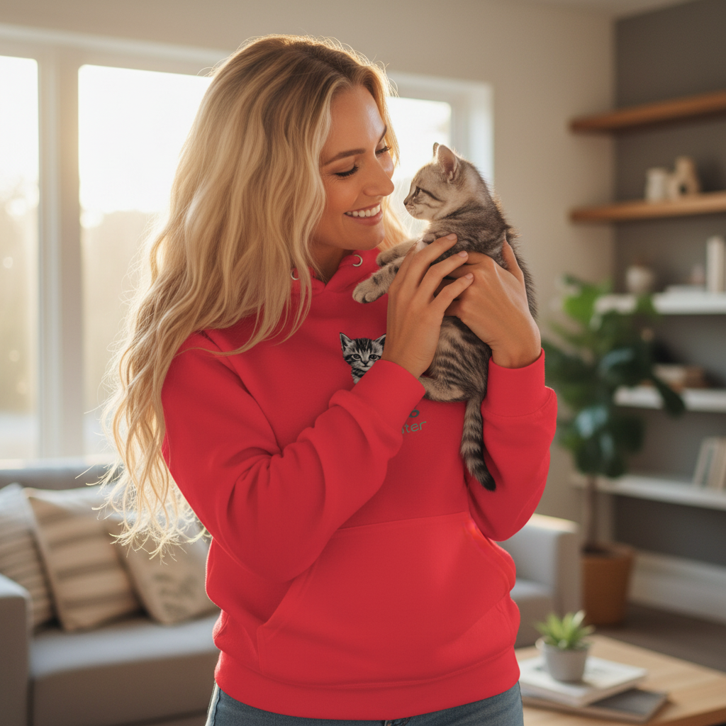 Blonde woman in team red cat king hoodie with kitten