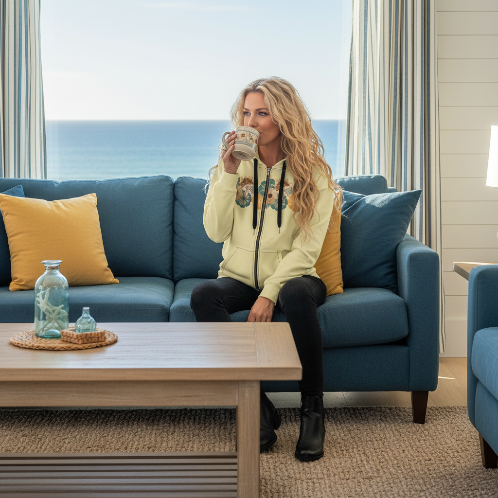 Blonde woman in yellow hoodie with black jeans