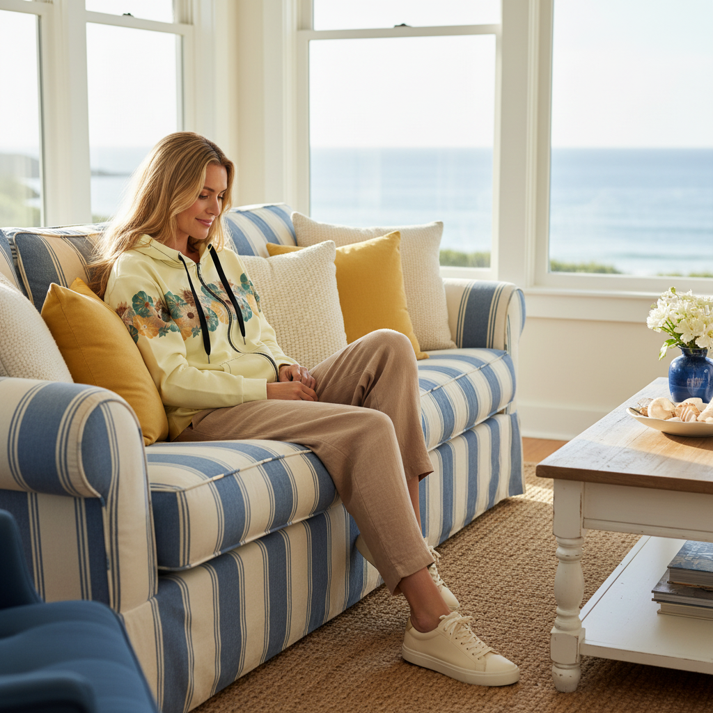 Blonde woman in yellow hoodie with brown outfit