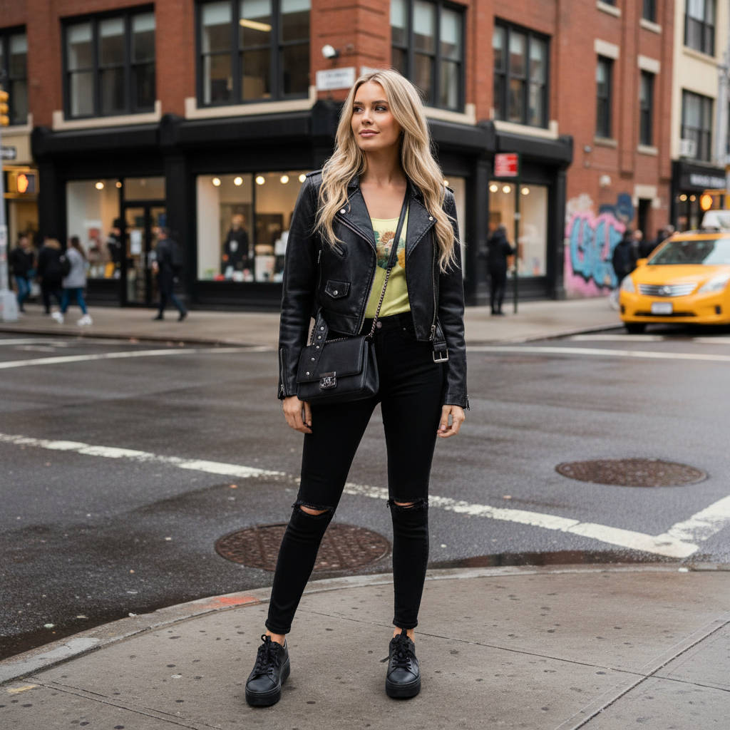 Blonde woman in yellow tank top with black leather jacket in city