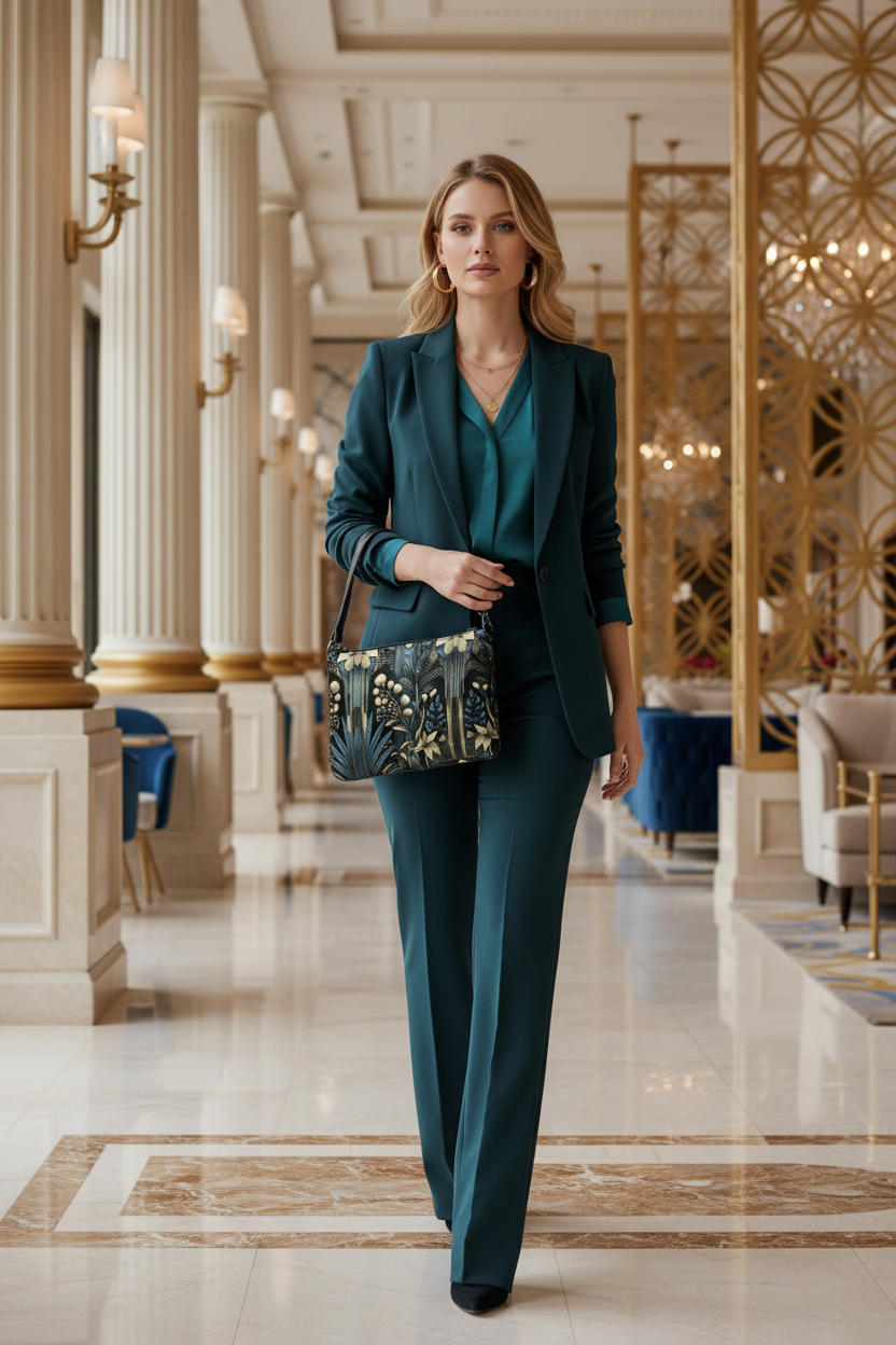 Blonde woman with botanical crossbody bag in teal and gold outfit