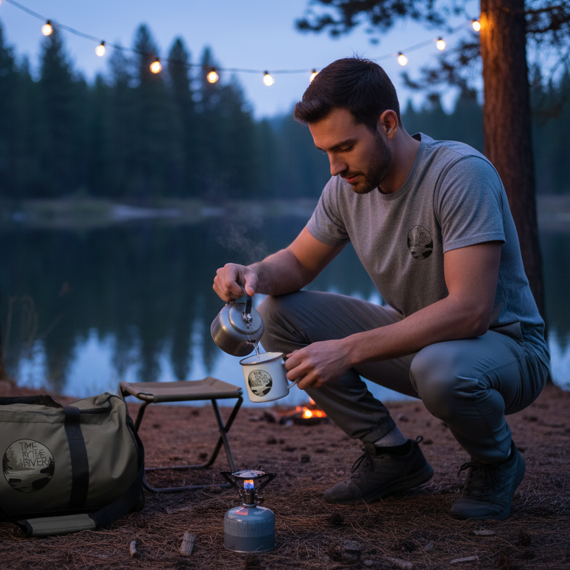 Blue hour camping Enamel mug with river theme