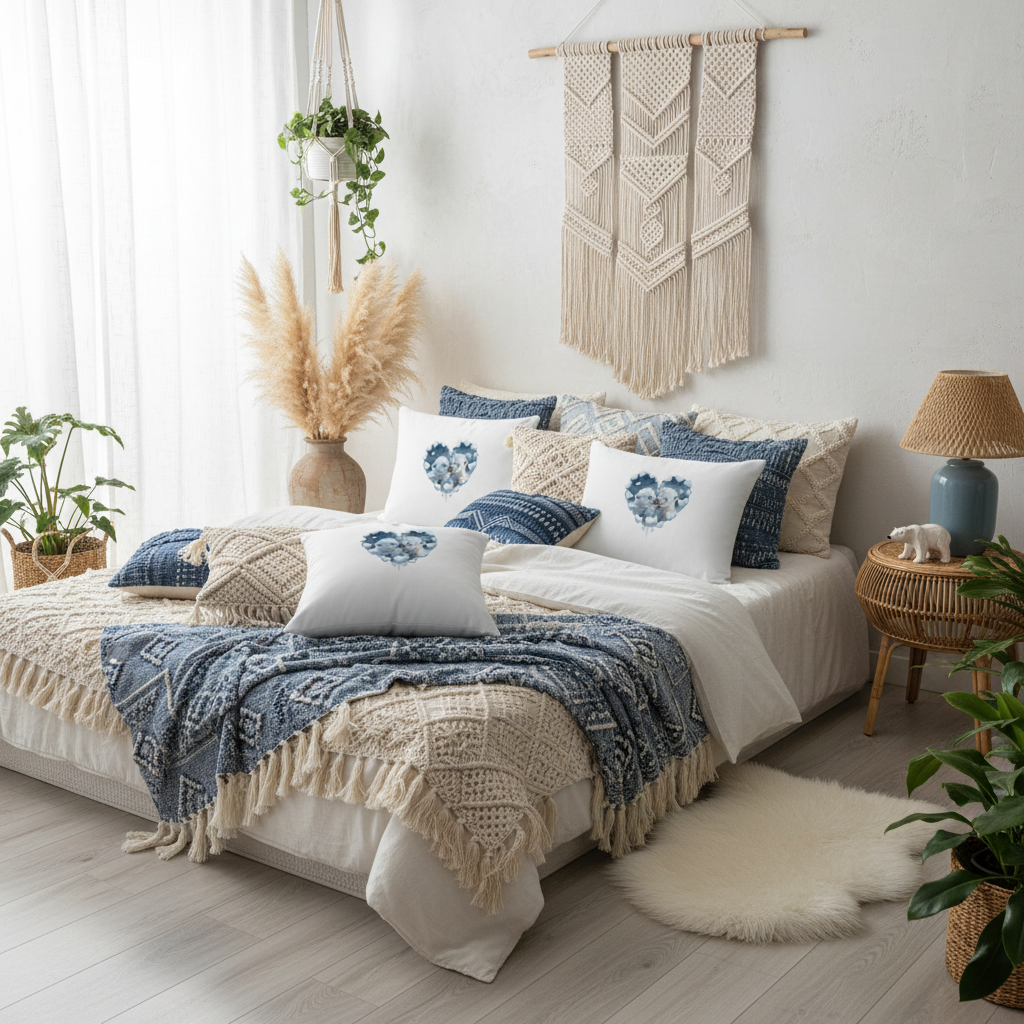 Bohemian bedroom with polar bear heart pillows, macrame, rattan furniture and blue-white color palette in relaxed boho arctic style