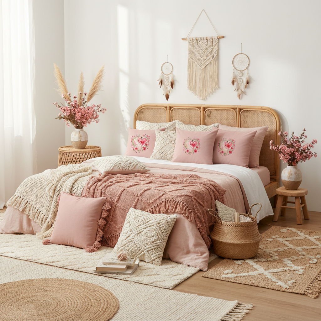 Bohemian bedroom with white walls, pink heart floral pillows mixed with macrame and natural textures, rattan furniture and pampas grass