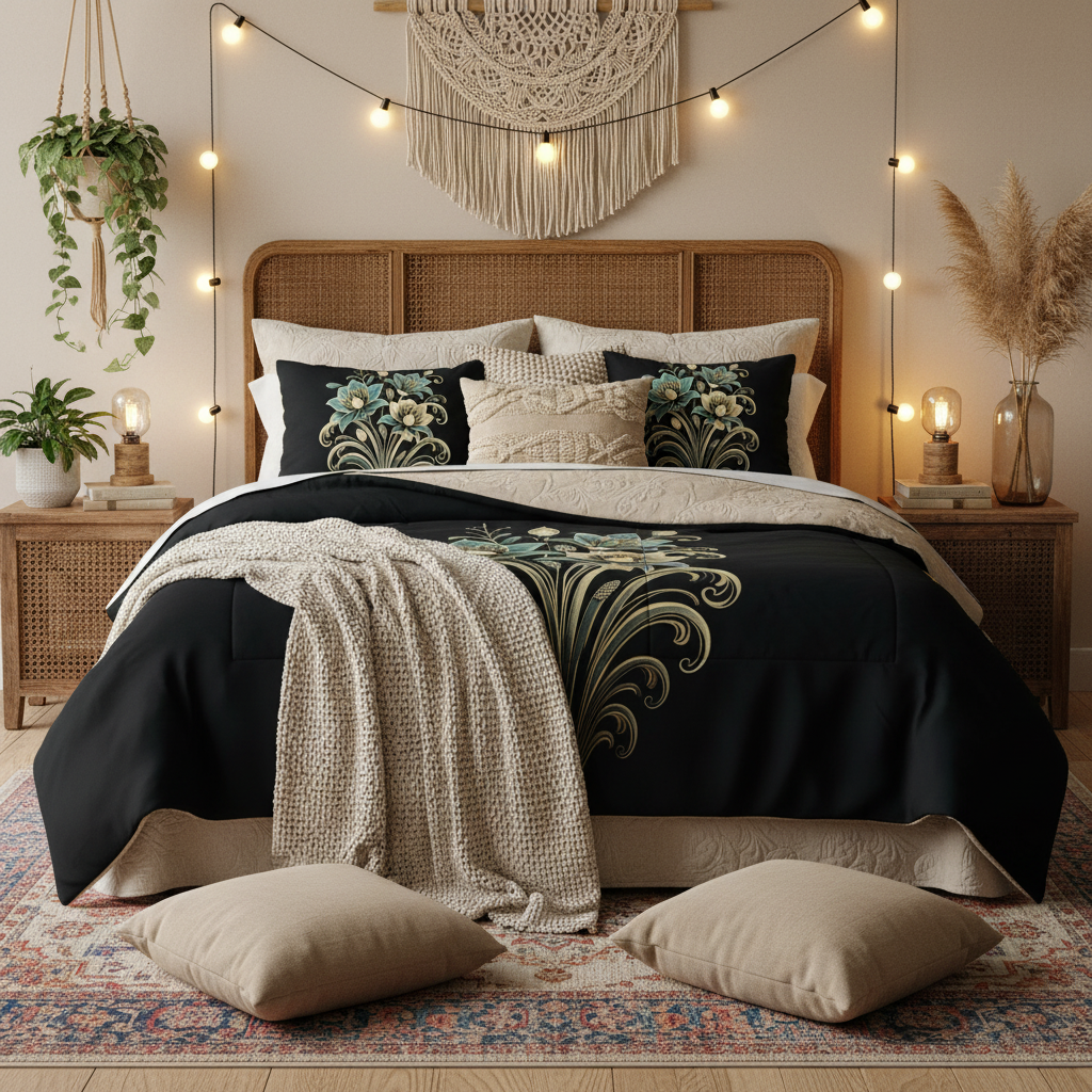 Bohemian king bedroom sage gold floral comforter pillows macramé rattan warm lights eclectic