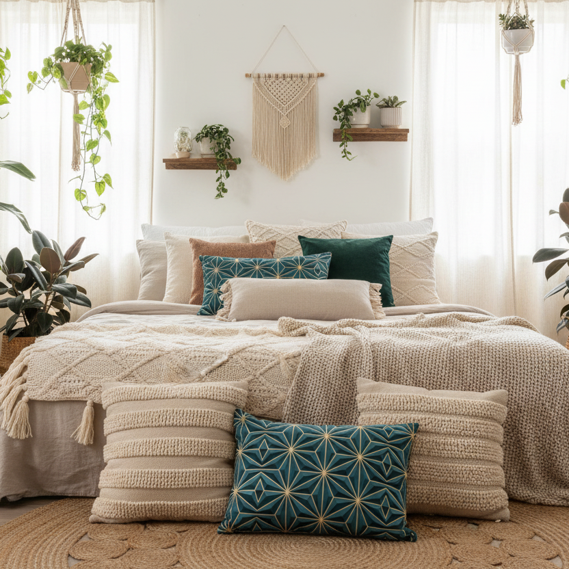 Boho ložnice s polštáři a rostlinami