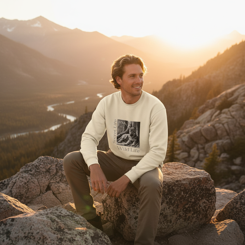 Bone wolf sweatshirt blonde man mountains golden hour